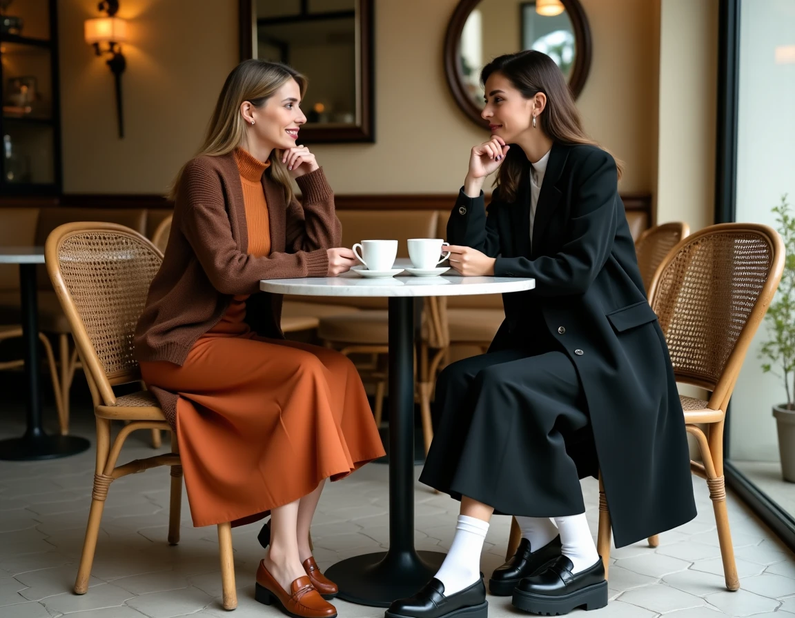 Deux femmes aux tenues tendance contrastées discutant dans un café parisien chaleureux, illustrant les inspirations mode de la saison