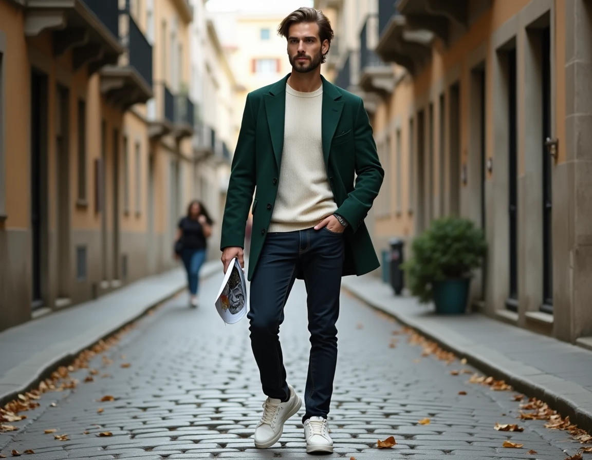 Homme stylé en blazer vert forêt et sneakers blancs dans une rue pavée européenne illustrant les tendances mode masculines de la saison