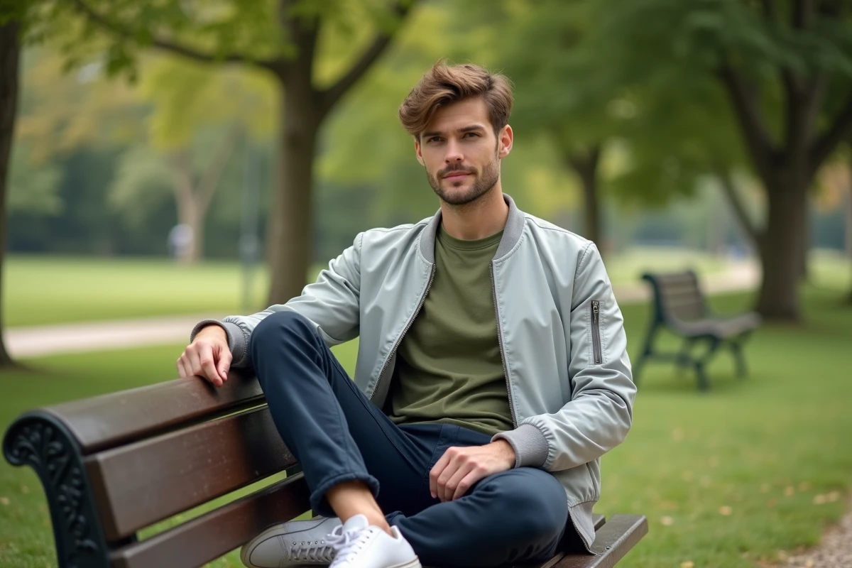 Homme en tenue décontractée avec bomber léger et t-shirt pour une température de 23 degrés dans un parc