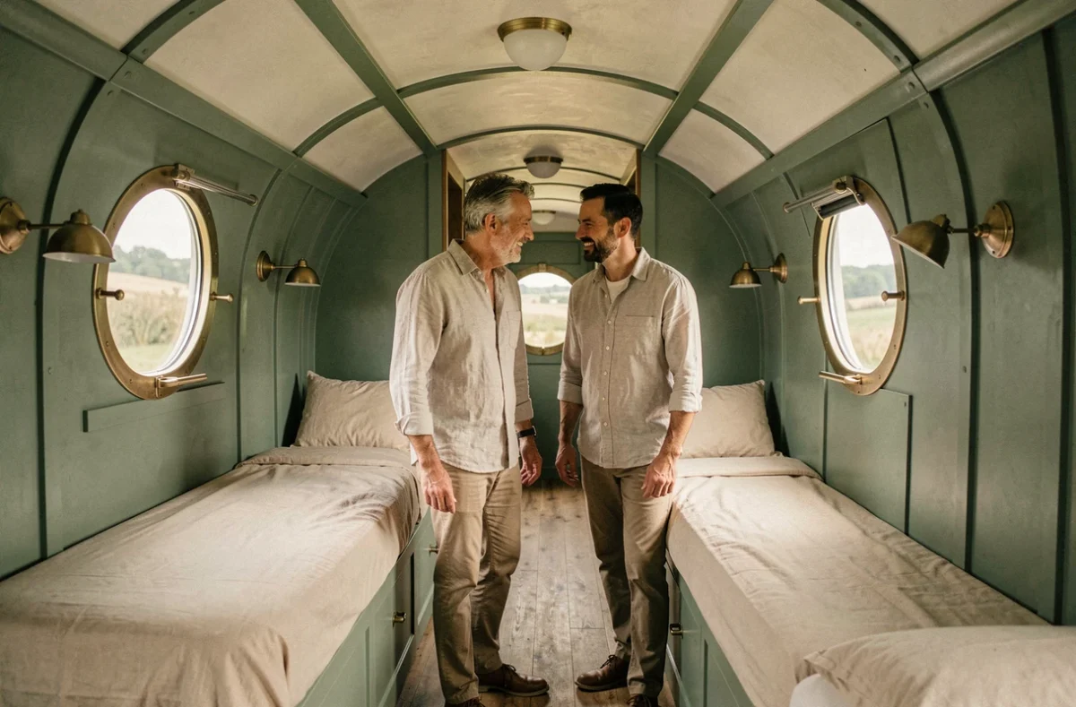 Couple explorant l'intérieur d'un wagon de train converti en chambre d'hôtel insolite, avec déco vintage et fenêtres donnant sur la campagne